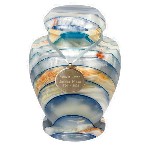 Silverlight Urns Custom Engraved Medley Blue Onyx Cremation Urn by Silverlight Urns, Stone Granite Urn for Ashes, Adult Size, 10.5 Inches High