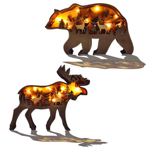 Thungeek 3D Wooden Wall Art Decor Lighted DIY LED Shelf Decorations, Hunting Forest Decor Cabin Clearance for Home & Office, Deer Statues Figurine Animals Shaped Collection Wildlife Gift (2PCS)
