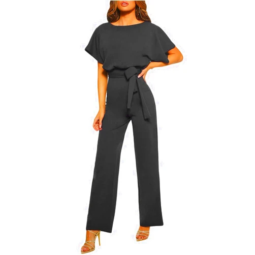 Sawakaka Women´s Short Sleeve Wide Leg Jumpsuits Elegant Hollow Out Crewneck Solid Color Rompers Overall with Belt