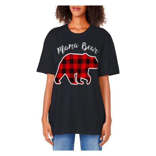 Matching Christmas Family Buffalo Gingham Shirt MAMA BEAR | Women Red Plaid Christmas Pajama Family Mom Gift Adult Oversized Vintage T-Shirt