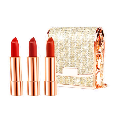 Newvenper Matte Lipstick Set 3 Colors Lip Stick with Sliver Chain Bag Package Velvet Lip stick Set Waterproof Non-Stick Cup Long Lasting Retractable Red Lipstick Set 3.5gx3 Pcs