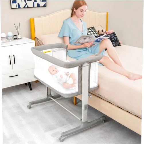 INFANS 3 in 1 Baby Bassinet, Bedside Sleeper for Newborn, Folding Crib with Mattress, Travel Bag, Wheels, 4-Sided Mesh, Easy to Assemble Cradle Co Sleeper Stationary, Rock (Light Grey)