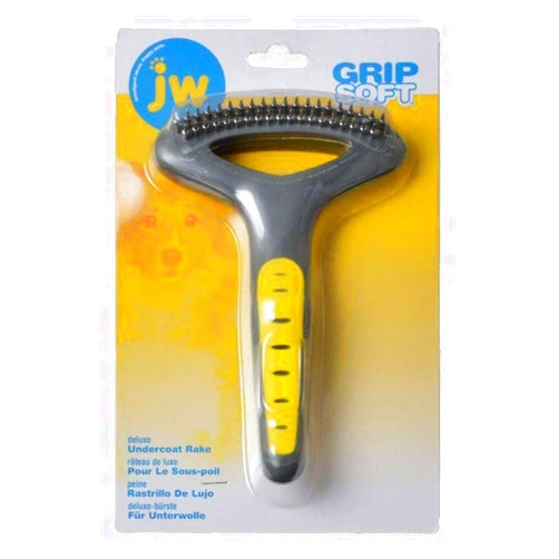 JW Pet Company GripSoft Double Row Undercoat Rake Dog Brush, Black, Yellow, 1
