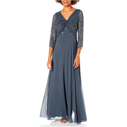 J Kara Women's Petite 3/4 Sleeve V-Neck Beaded Top Long Gown