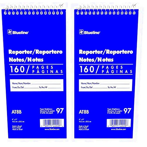 Blueline Reporter Notebook/Note Pad, 4 x 8 inches, 160 Pages / 80 Sheets (AT8B) (Pack of 2)