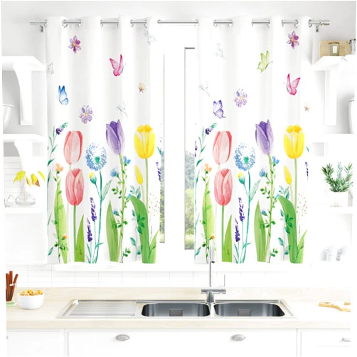 Generic AnyDesign 2 Panels Butterfly Tulip Kitchen Curtain Colorful Flower Rod Pocket Drapes Spring Floral Window Treatments for Home Living Room Bedroom Decor, 27.5 x 39 in