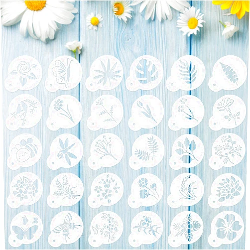 Marspark 30 Pieces Coffee Stencil Cookie Cake Stencils Latte Art Reusable Plastic Stencils DIY Bake Stencils Leaves Butterfly Flowers Bird for Coffee Cookie Drawing