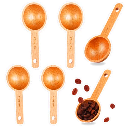 PINKXHY 6 Pieces Wooden Coffee Spoon in Beech Coffee Scoop Measuring Scoop for Coffee Beans Wood Table Spoon for Whole Beans Ground Beans or Tea, Home Kitchen Accessories, 15 ml