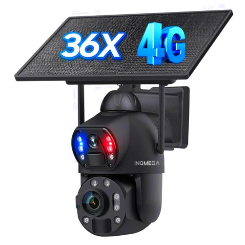 INQMEGA Metal casing 4G LTE Solar Security Camera | 36X Optical Zoom, 20,000mAh Battery, 10W Solar Panel, 6MP Dual-Lens, PIR Motion Detection, Spotlight & Siren