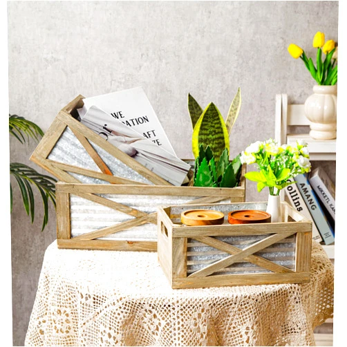 Venalys Set of 3 Nesting Wooden Crates, Rustic Wooden Storage Container Boxes with Cutout Handles, Decorative Farmhouse Wood Baskets for Display, Barn Door (Gray)