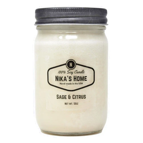 Nika's Home Sage & Citrus Soy Candle 12oz Mason Jar Non-Toxic White Hand Poured Candle- Handmade, Long Clean Burning 50-60 Hours Highly Scented All Natural, Candle Gift Décor