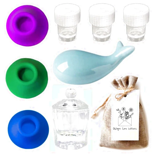 Oblique Love Letters Glass Inkwell Set with Lid, Empty Ink Well for Dip Pen, Calligraphy Ink Holder, Ceramic Pen Rest, Perfect for Oblique Calligraphy Pen, Fountain Pen, and Glass Dip Pen (No Ink w/Whale Pen Rest)