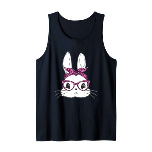 H.UNiCR Easter Day Cute Bunny Rabbit Face With Leopard Pink Glasses Tank Top
