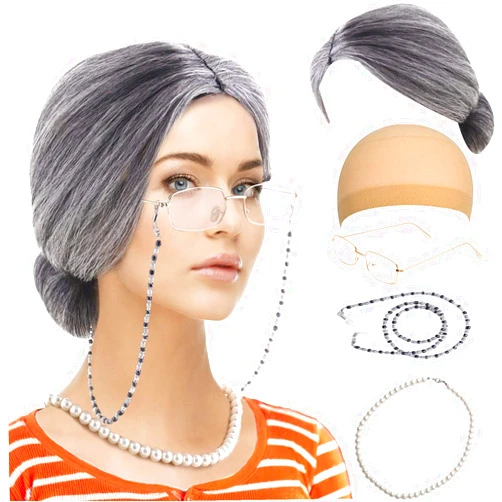 Feacole Old Lady Costume Set-Grandmother Wig,Wig Caps, Madea Granny Glasses, Eyeglass Retainer Chain,Pearl Necklace(5 Pieces)