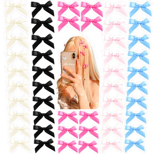 Lestp 50Pcs Mini Hair Bows Clips for Women Girls Black Blue Hair Ribbon Clips Small Bowknot Barrettes White Pink Satin Bow Hair Clips Cute Hair Clips Metal Y2k Hair Accessories for Braids Teens Toddlers