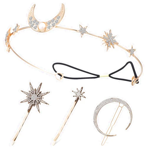 Beaupretty Stars and Moon Hair Clips Rhinestone Hair Pins Moon and Star Headband Side Clip Wedding Head Chain Hair Accessoeies Headpiece for Women Girls