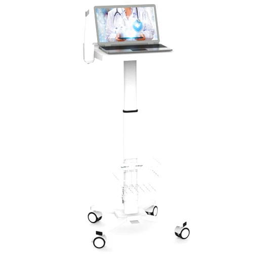Mount Plus MB-C05 Medical Laptop Workstation Trolley Cart with Wheels, Oral Scanner Holder, Basket Storage | Height Adjustable Rolling Lab Cart with Large Tabletop for Dental Office, Hospital, Clinic