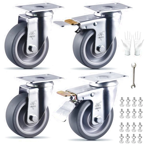 VM VIMA 4 Inch Castets Set of 4 Heavy Duty Caster Wheels with Brake 2200Lbs Swivel TPR Rubber Wheel Silent Castor Locking Industrial Plate Casters Wheels for Cart Furniture Workbench, Free Bolts and Nuts