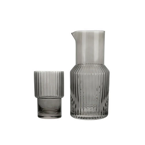 elle decor Gray Ribbed 2 Pc Carafe Set | Bedside Night Water Carafe | Glass Pitcher and Cup that Doubles as a Lid | Glass Tumbler Perfect for Storing Water, Juice, and Other Drinks on Desktop/Shelf