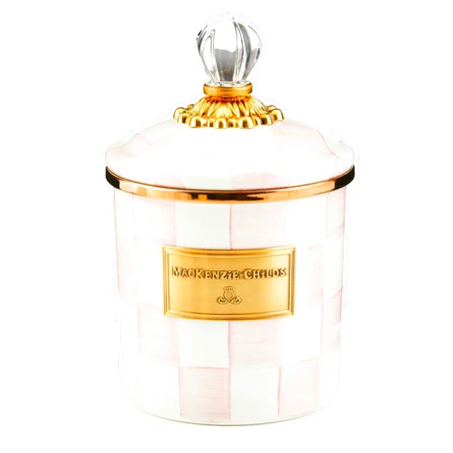 MACKENZIE-CHILDS Rosy Check Enamel Canister, Pink-and-White Kitchen Storage Container with Lid, Small