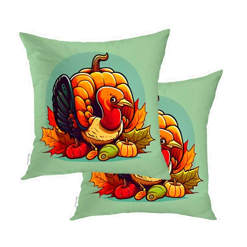 BaoNews Happy Thanksgiving Day Throw Pillow Covers, Pumpkin Turkey Maple Leaf Couch Cover Digital Blended Hidden Zipperl Decorative Sofa Cover for Hair Skin Square 18X18 in 2 Pcs