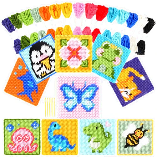 Pllieay 10-in-1 Cross Stitch Beginner Kit for Kids, Embroidery Kit Includes 10pcs Plastic Mesh Canvas with Pattern, 15 Yarns, 5 Weaving Needles, Needle Points Starter Kit Sewing Set with Instructions
