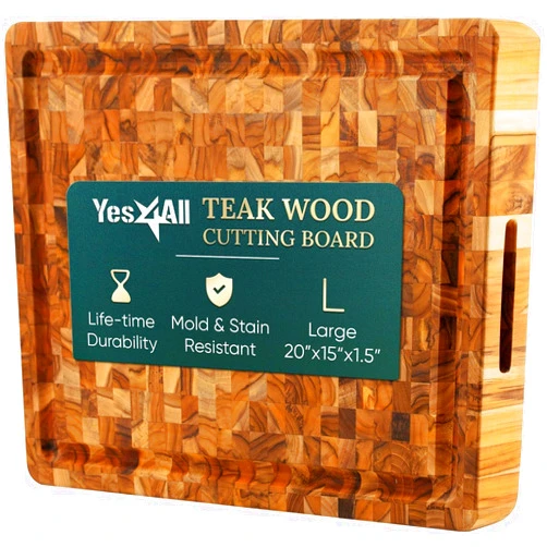Yes4All Durable Teak Cutting Boards for Kitchen, [20''L x 15''W x 1.5” Thick] Large End Grain Cutting Board, Pre Oiled Wood Cutting Boards, Thick Chopping Board w/Juice Grooves and Easy Grip Handle
