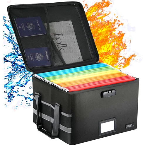JALIELL Upgraded File Box with Lock, Fireproof Document File Organizer Box with Water-Resistant Zipper & Adjustable Handle, Collapsible Filing File Cabinet for Hanging Letter/Legal Folder (Black)