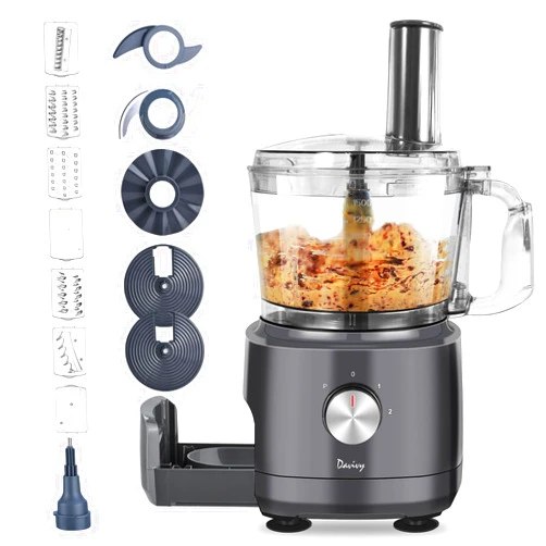 Davivy Food Processor 7 Cup, Built-in Storage Drawer Small Food Processors with 10 set blades,French fry cutting,Wavy slicing for Home Use,3-Speed, Grey,600W