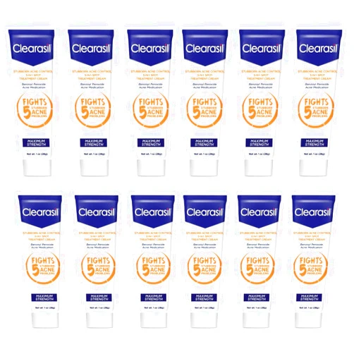 Clearasil Stubborn Acne Control 5in1 Spot Treatment Cream, Maximum Strength, Benzoyl Peroxide Acne Medication, Fights Blocked Pores, Pimple Size, Excess Oil, Acne Marks & Blackheads, 1 oz (Pack of 12)