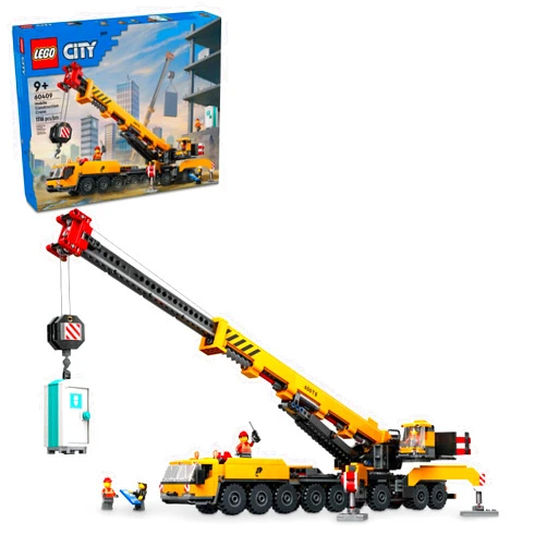 LEGO City Yellow Mobile Construction Crane Toy Set for Boys and Girls, Long Extendable Boom and 4 Worker Minifigures Included for Imaginative Role Play, Construction Toy Birthday Gift for Kids, 60409