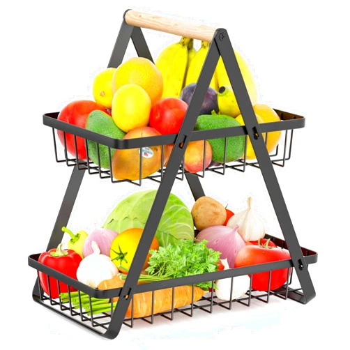 Foensc 2 Tier Fruit Basket, Upgraded Fruit Bowl, Detachable Metal Fruit Holder Vegetable Basket for Kitchen Counter, Large Capacity Fruit Storage Stand Organizer for Produce Bread Snack, Black