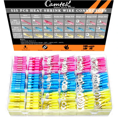 Camtek 525PCS Heat Shrink Wire Connectors, 22-10 AWG Marine Grade Heat Shrink Butt Connectors, Waterproof Electrical Wire Terminals Kit Insulated Ring Fork Spade Butt Splices for Automotive Boat Truck