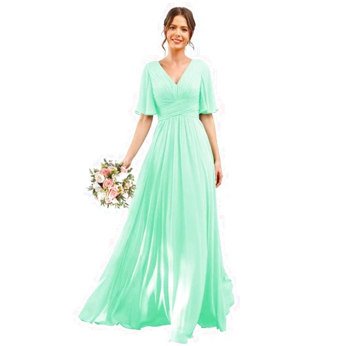 UMLXYER Women's V Neck Short Sleeves Bridesmaid Dresses for Wedding 2024 Long Chiffon A Line with Slit Formal Evening Gowns