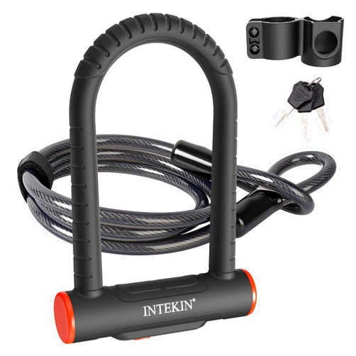 INTEKIN Bike U Lock Heavy Duty Bike Lock Bicycle Lock, 16mm U Lock and 5ft Length Security Cable with Sturdy Mounting Bracket for Bicycle, Motorcycle and More