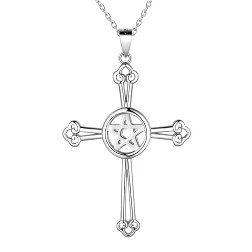 Jewmon 925 Sterling Silver Pentagram Necklace Fine Jewelry Gift for Women Mens Pentacle Pendant Necklace Charm Gothic Wiccan Necklace Crescent Moon Cross Evil Eye Necklace Amulet Jewelry for Women