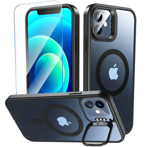 Fin2feel Magnetic for iPhone 12/iPhone 12 Pro Case with Screen Protector, Compatible with MagSafe, Built-in Stash Stand Phone Case Anti-scratch Shockproof Cover for iPhone 12/12 Pro(Translucent Black)