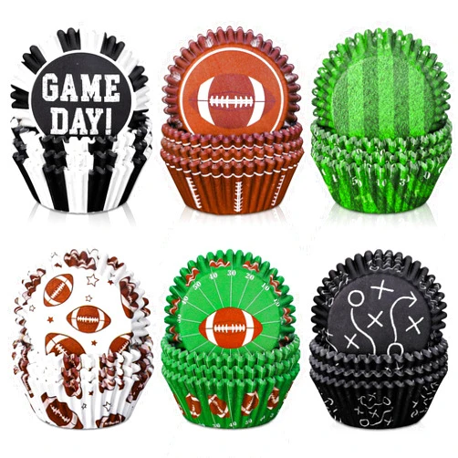 Whaline 600Pcs Football Cupcake Liners 6 Styles Rugby Cupcake Wrappers Baking Cups Holders Sports Theme Muffin Baking Liners for Birthday Party Holiday Party Post-match Celebration