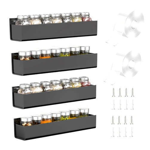 PMMASTO Adhesive Acrylic Spice Rack Organizer for Wall with Nano Double Sided Tape, Spice Shelf Organization for Kitchen Cabinet Door/Pantry Door, Wall Mount Seasoning Rack (Black - 4 Pack)