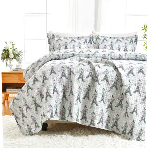 HollyHOME Eiffel Tower 3 Pieces Full/Queen Size Quilt Sets with Pink Floral on Gray Design Bedspread Bed Cover, Includes 1 Quilt, 2 Pillow Shams (Full/Queen, 86