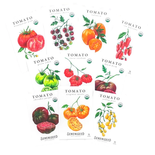 Sereniseed Certified Organic Tomato Seeds (10-Pack) – Non GMO, Open Pollinated – Cherokee Purple, Chocolate Cherry, Green Zebra, Brandywine Pink, Black Krim and More - Tomato Seeds for Planting