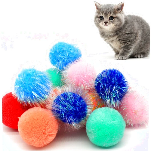 WaoDoing 14-Pack Cat Toys Balls - No Bells Quiet Interactive Toys, Soft Pom Poms & Sparkle Balls for Kittens & Adult Cats, Safe for Batting Chasing (7 Sparkle Fuzzy Balls+ 7 Yarn Balls)