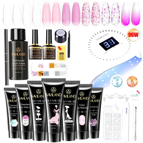 Saviland Poly Gel Nail Kit: with 7 Colors 96W Nail Lamp Poly Gel Nail Kit Starter Kit Vitamin E Poly Nail Extension Gel Sakura Pink Poly Gel Nail Colors with Everything for Beginners DIY at Home