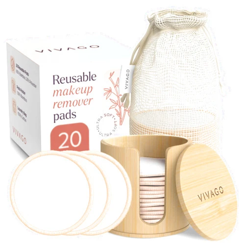 VIVAGO Reusable Cotton Rounds for Face - (20 Pack) Soft Reusable Makeup Remover Pads with Washable Drawstring Laundry Bag & Bamboo Holder - All Skin Type Skincare Set Facial Cleaning Cloth