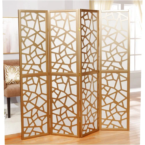 Roundhill Furniture Giyano 4 Panel Screen Room Divider, White Screen with Gold Frame