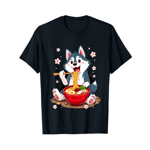 Otaku Husky Dog Ramen Noodles Japanese Kawaii Husky Dog Eating Ramen T-Shirt