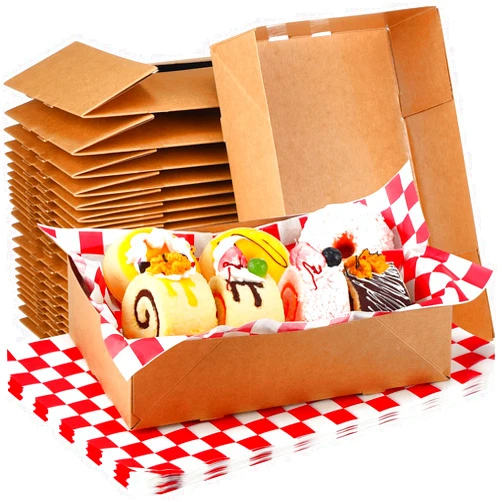 Laumoi 50 Set Kraft Paper Food Tray 4 Corner Pop up Paperboard Food Box Disposable Foldable Cardboard Trays Brown Greaseproof Food Paper Box with Checkered Food Wrapping Paper for Theater Stadium