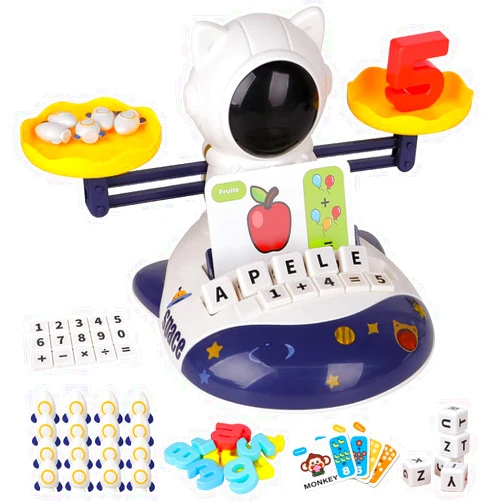 DAZZCOOL 3 in 1 Math Game Toys for Kids 3 4 5 6 7 Year Old, Preschool Learning Activities for Toddlers, Space Balance Learning Toys with Spelling Counting & Reading, Flash Cards Gifts for Boys Girls