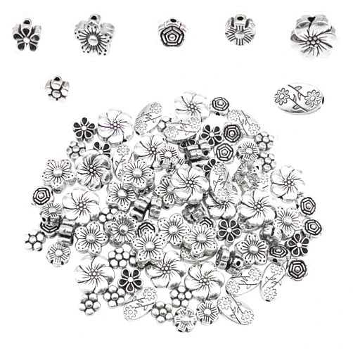 Julie Wang 210PCS Mixed Alloy Antique Silver Spacer Beads Bulk Flower Loose Bead for Bracelets Necklaces Earrings Jewelry Making 7 Styles