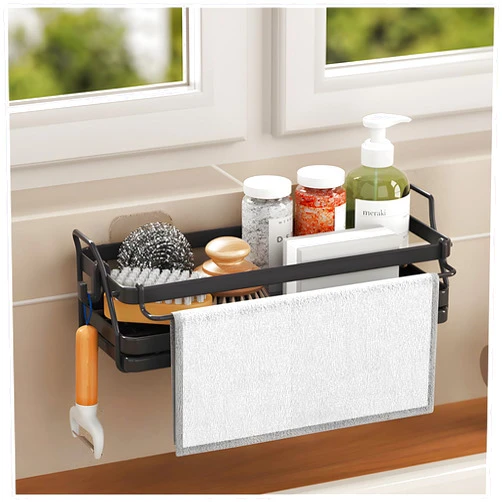 LBTING Sponge Holder for Kitchen Sink, Wall Mounted Sink Caddy with Self-Draining Drain Tray, Stainless Steel Kitchen Sink Caddy for Organizing Sponge, Brush, Soap Dish Dispenser – Black